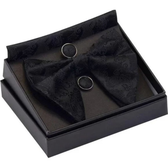 New Paisley Adjustable Pre-tied Cufflink Set Black - Picture 2 of 6